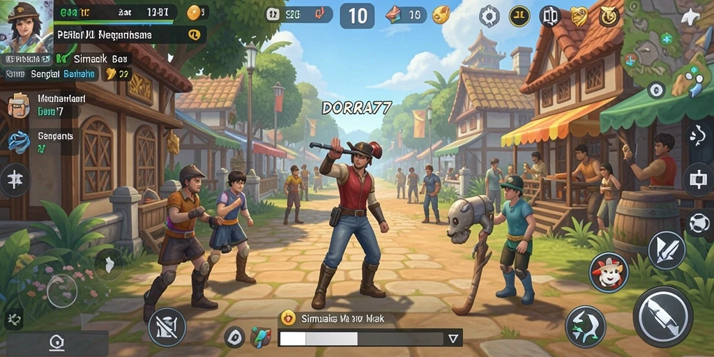 Screenshot gameplay DORA77 menampilkan karakter dalam dunia simulasi yang interaktif.
