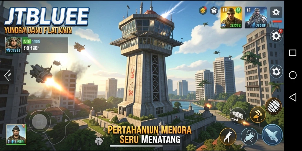 Gameplay JTBLUE yang seru saat mempertahankan menara dari serangan musuh.