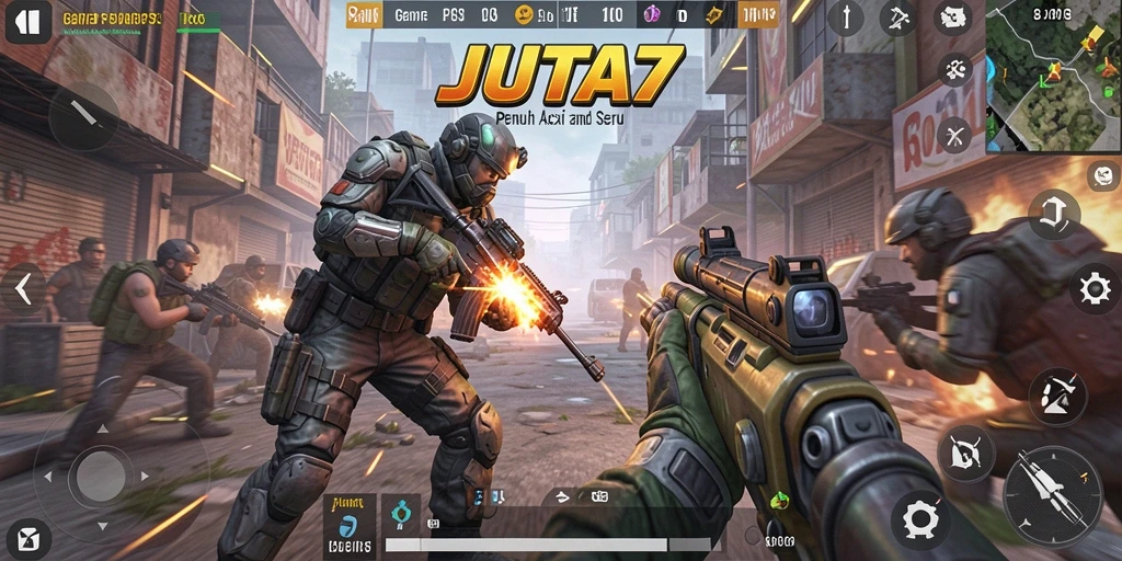 Gameplay seru di JUTA7 dengan aksi tembak-menembak yang intens.