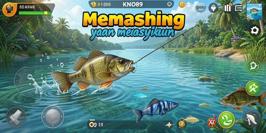 Screenshot gameplay KNO89 yang menampilkan aksi memancing yang seru.