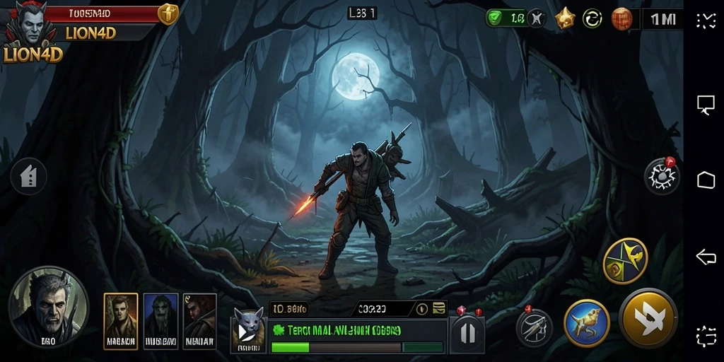 Screenshot gameplay menegangkan di hutan gelap dalam LION4D.
