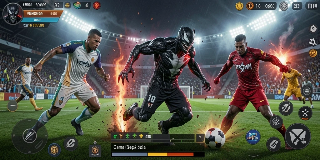 Tampilan gameplay <strong>VENOM889</strong> yang mendebarkan dengan aksi sepak bola intens.